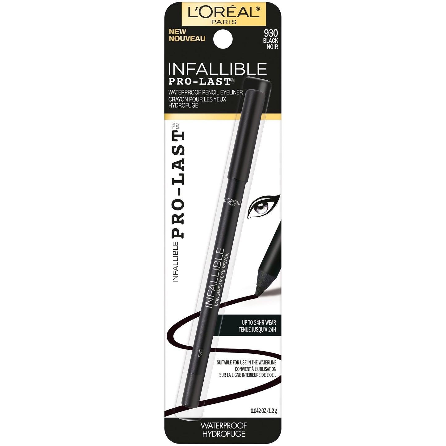 L'ORÉAL PARIS Infallible Pro-Last Waterproof, Up to 24HR Pencil Eyeliner, 930 Black, 0.042 oz.