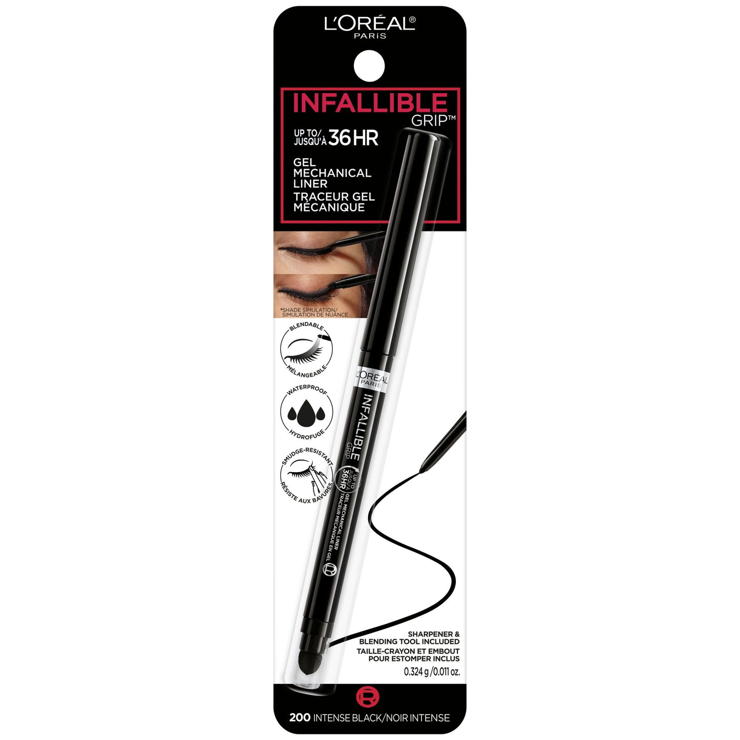 L'ORÉAL PARIS Infallible Grip Mechanical Gel Makeup Eyeliner, 200 Intense Black, 0.11 oz