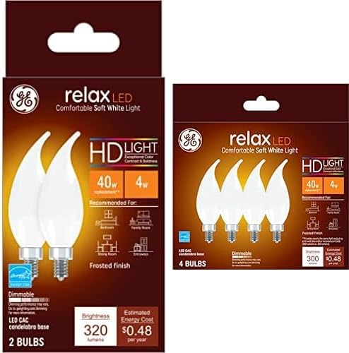 GE Lighting Relax HD CA11 LED Light Bulbs, Decorative Candle Bulbs, 40 Watt Replacement, Soft White, 2 Pack
