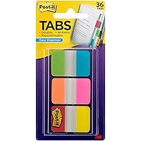 3M Post-it Tabs 1 inch Solid 36 Tabs/Dispenser (Red, Yellow, Blue, 12/Color)