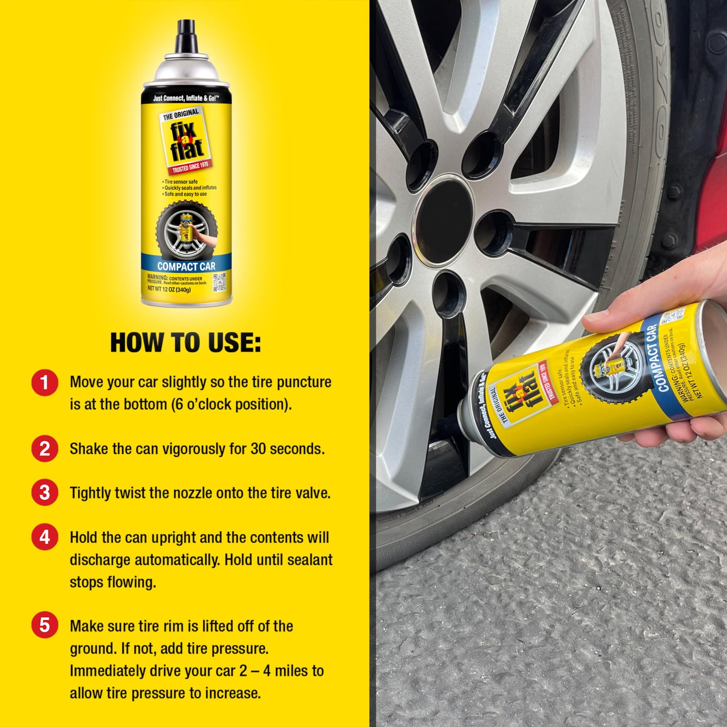 Fix-A-Flat Tire Sealant and Car Tire Inflator for Compact Tires