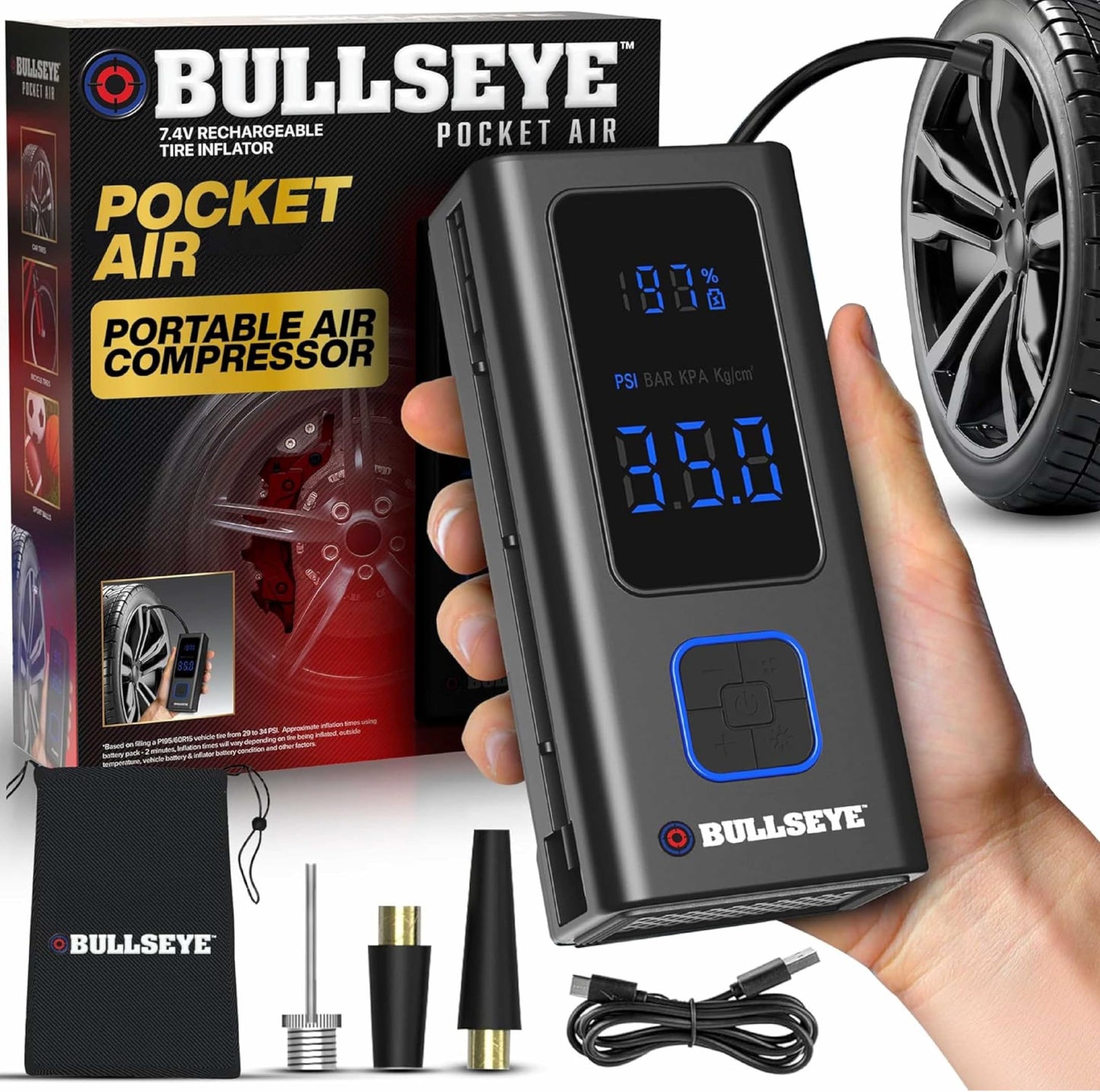 Bell + Howell Bullseye Pro Portable Rechargeable Tire Inflator with Digital Pressure Gauge