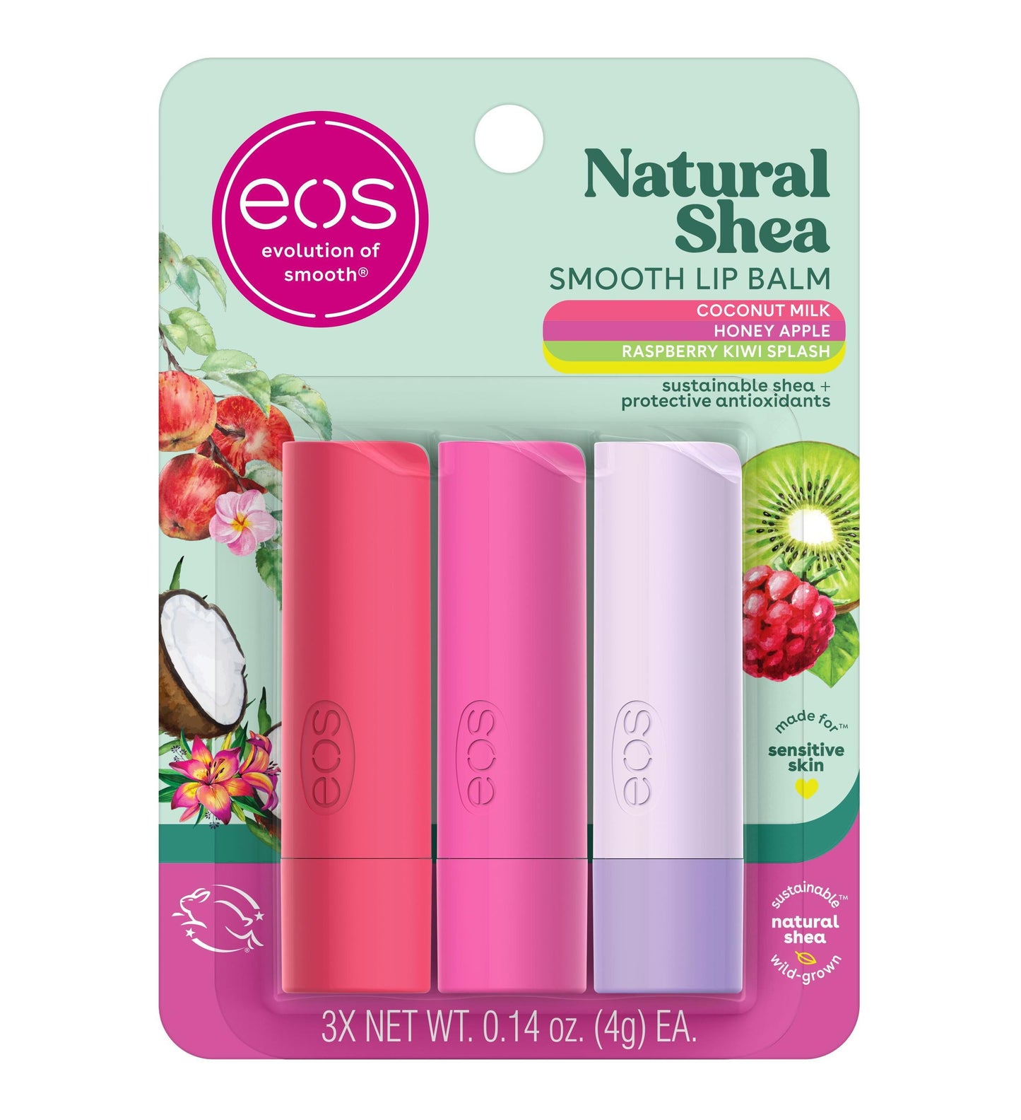 eos Natural Shea Lip Balm - Honey Apple, Coconut Milk & Raspberry Kiwi Splash, 3 count