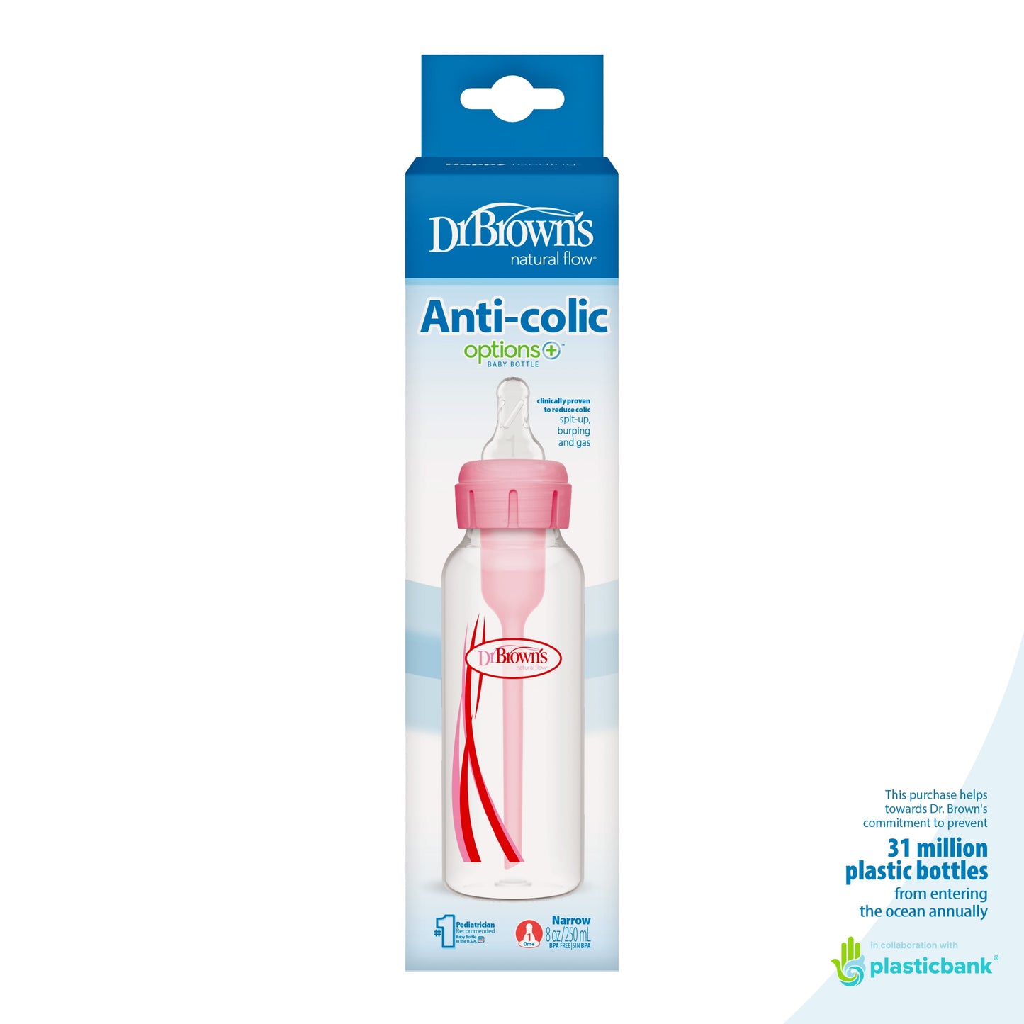 Dr Brown’s Natural Flow Anti-Colic Options Plus Narrow Baby Bottle, 8 oz - Pink, 2 count