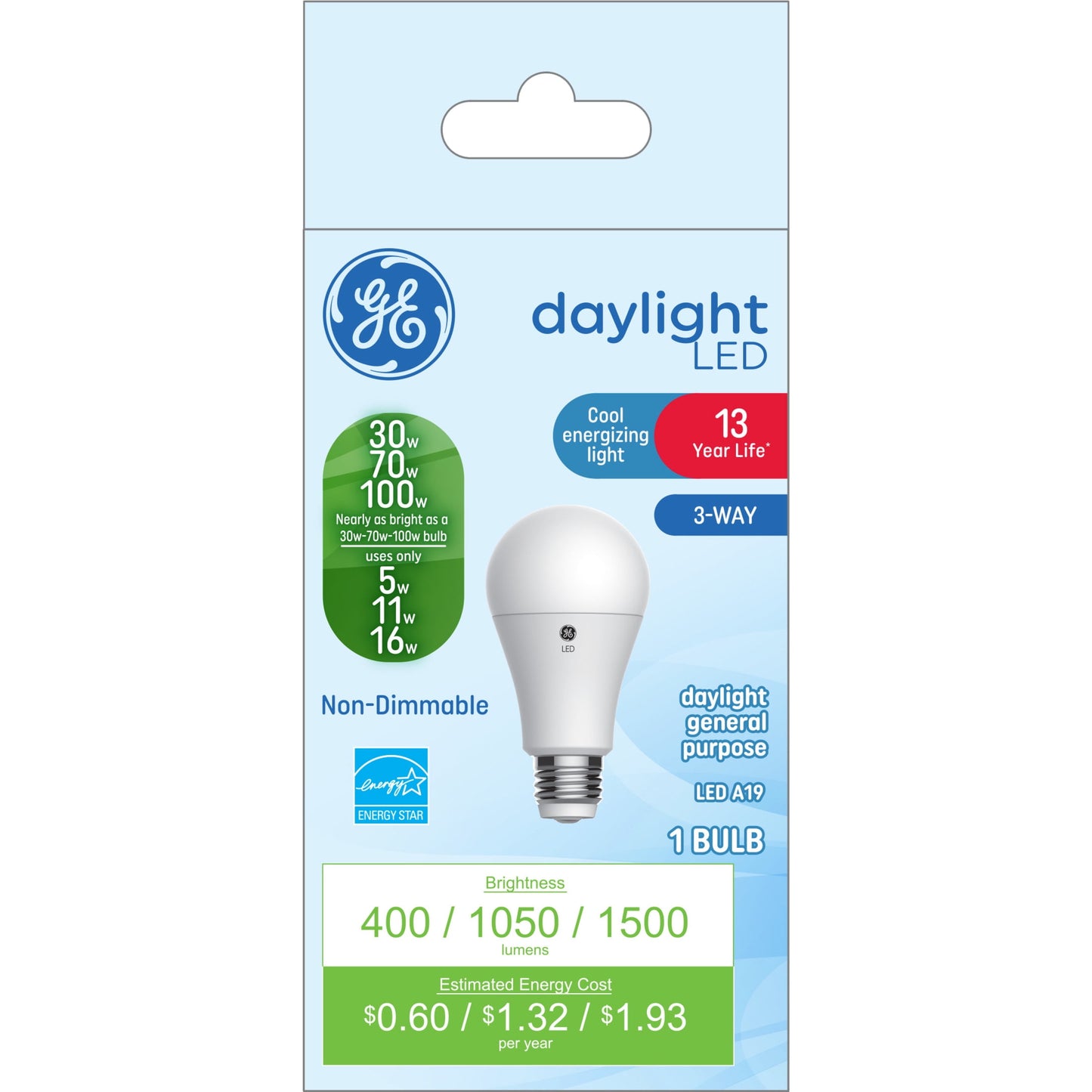 GE Lighting Basic LED 100/70/30 Watt Replacement, Daylight, A19 3-Way Bulbs, 1 Pack