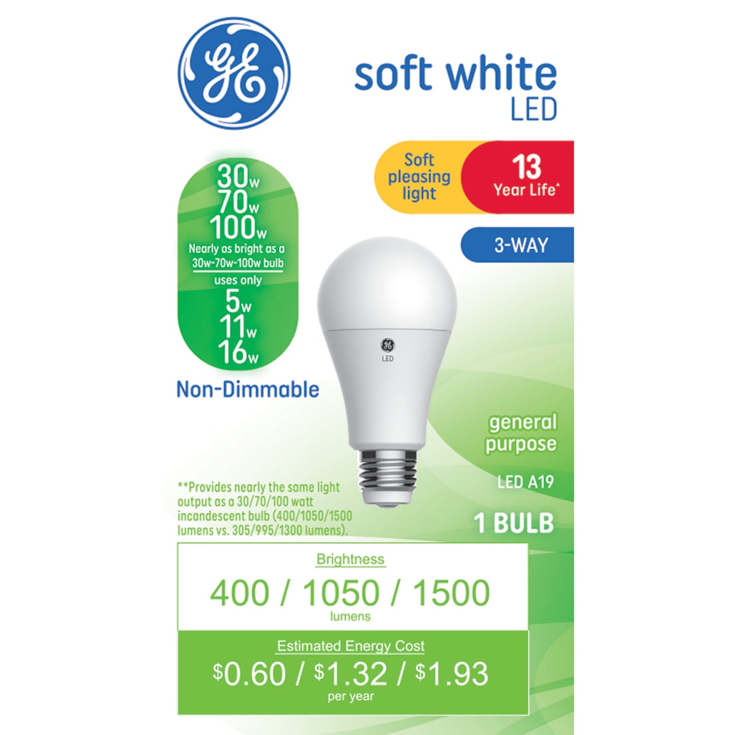 GE Lighting Classic LED 100/70/30 Watt Replacement, Soft White, A19 3-Way Bulbs, 1 Pack