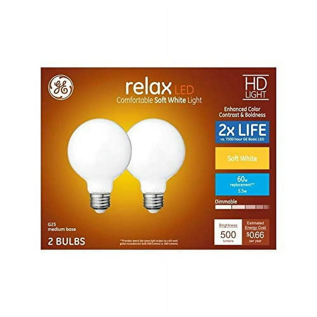 GE 2.8W G25 LED Soft White Dimmable Clear Finish Decorative Globe Ligh Bulb (2-Pack)