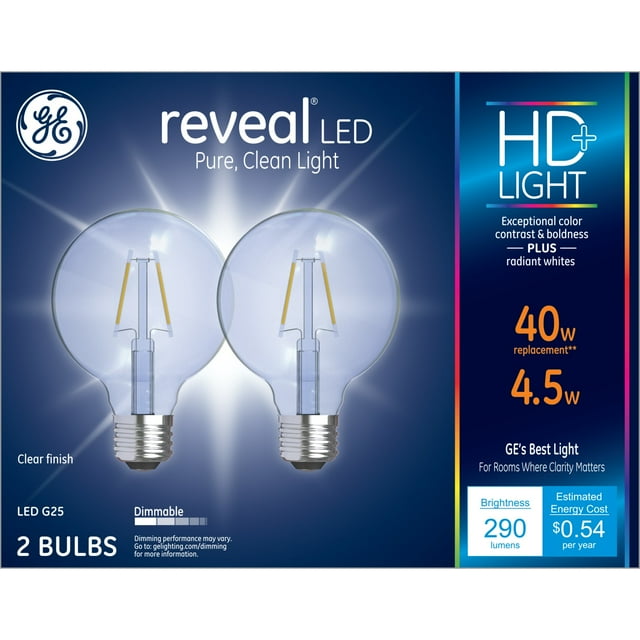 GE Lighting LED Light Bulbs, G25 Vanity Globe Lights, 40 Watt Replacement, Soft White, 2 Pack