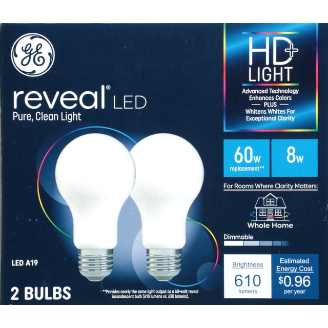 GE Lighting Reveal LED Light Bulbs, 9 Watt, 60 Watt Equivalent, HD+ Light, Standard Bulb Shape, Medium Base, Dimmable, 2 Pack