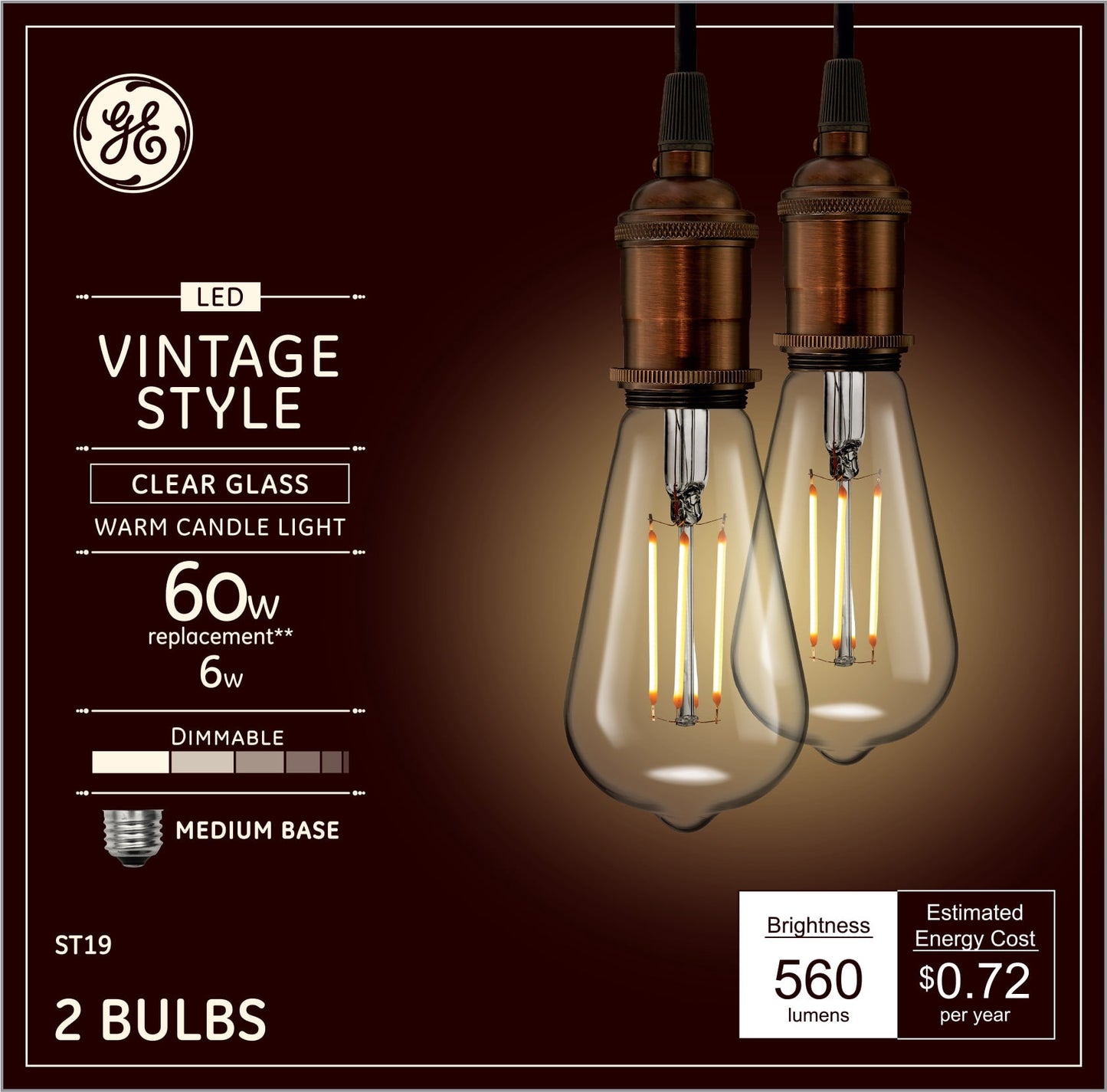 GE Lighting LED Vintage Style Amber Glass Warm Candle Light 5.5W 60W EQ A15 Dimmable, 2 pack