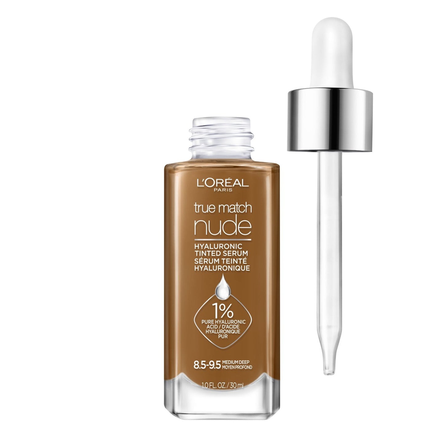 L'ORÉAL PARIS True Match Hyaluronic Tinted Serum Foundation Skincare Hybrid, 8.5-9.5 Medium Deep, 1 fl oz