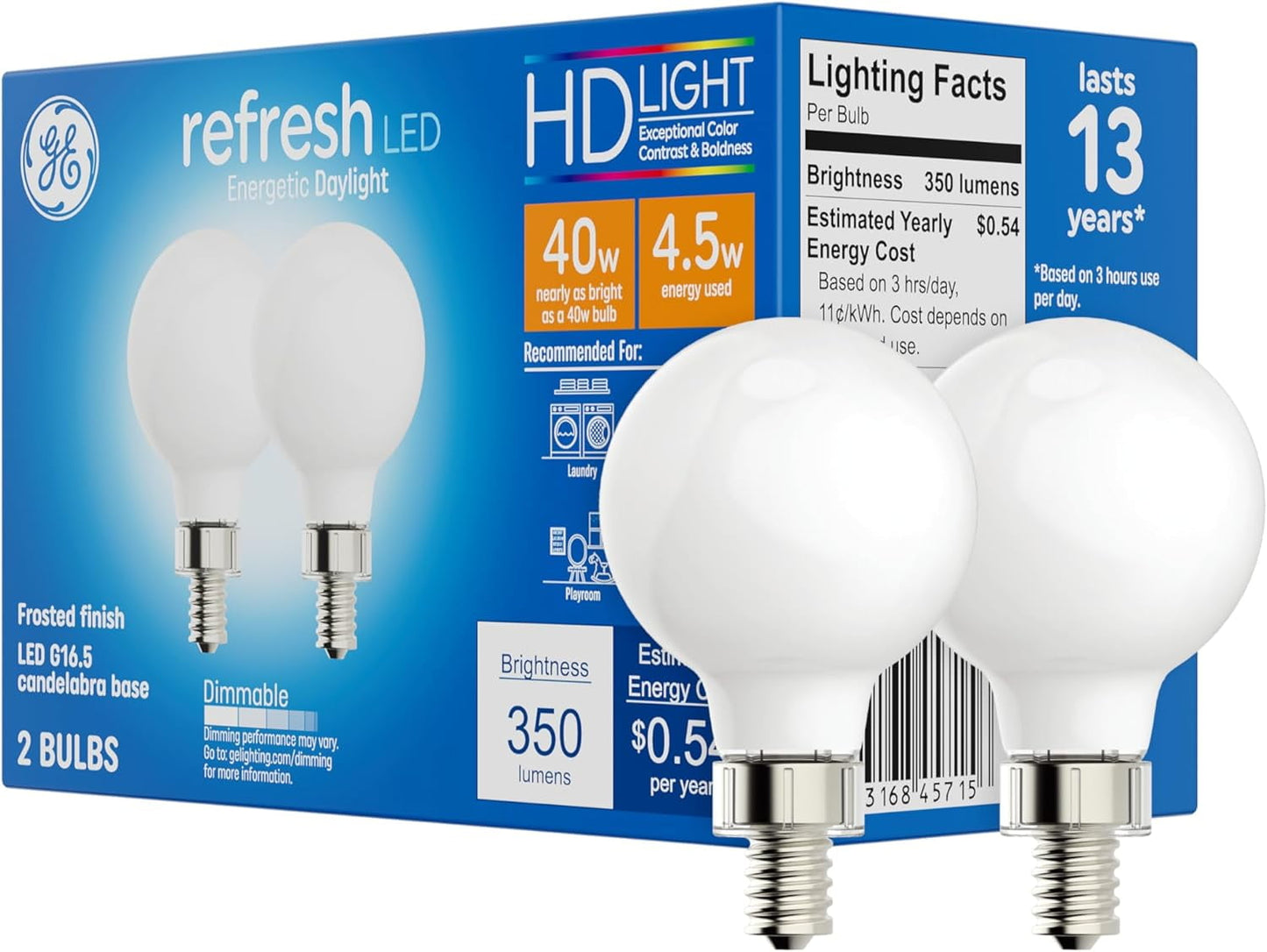 GE Lighting Refresh LED Light Bulbs, 40 Watt, Daylight, G16.5 Globe Bulbs, Small Base, 2 Pack