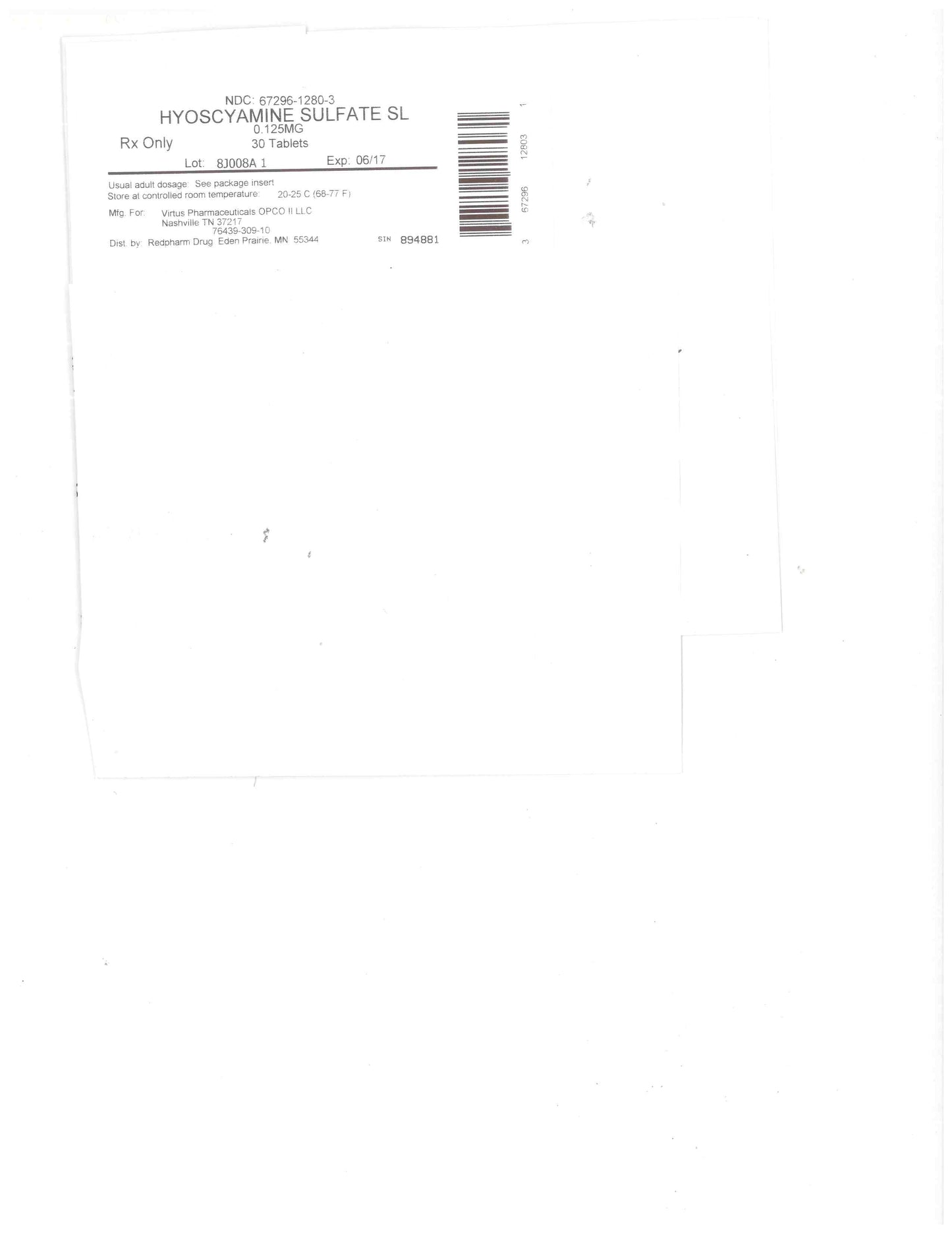 HYOSCYAMINE SULF TB 0.125MG100 SL