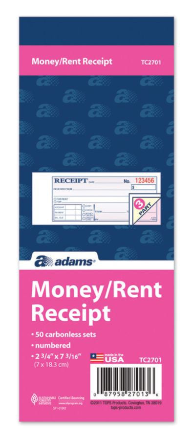 Adams Carbonless Money and Rent Receipt - Two Parts, 50 Sheets