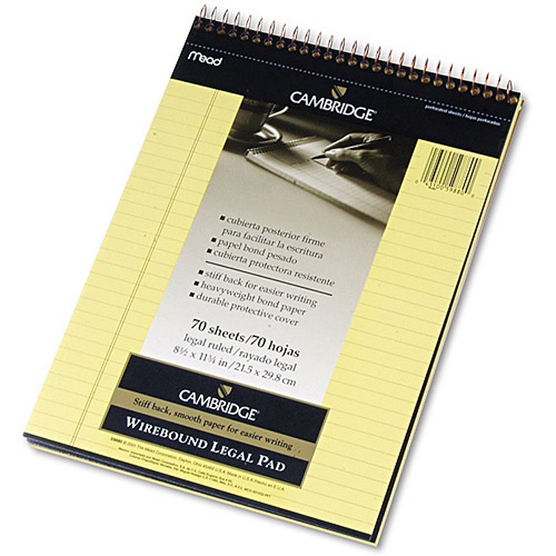 Cambridge Top Bound Stiff-Back Legal Ruled Notebook