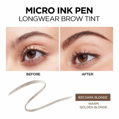 L'ORÉAL PARIS Brow Stylist Micro Ink Pen by Brow Stylist, Up to 48HR Wear, 633 Dark Blonde, 0.03 fl oz