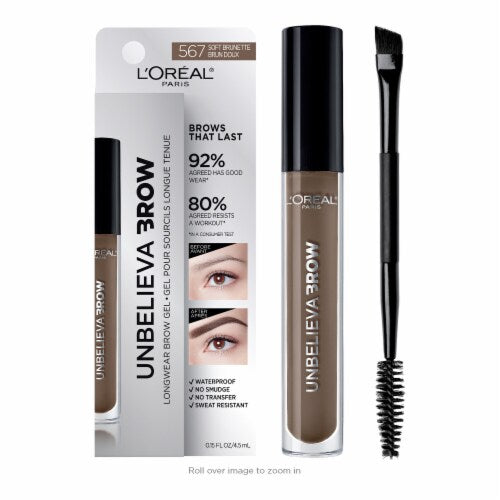 L'ORÉAL PARIS Unbelieva-Brow Longwear Waterproof Tinted Brow Gel, 567 Soft Brunette, 0.15 fl oz