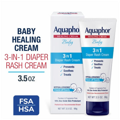 Aquaphor Baby 3-in-1 Diaper Rash Relief Cream, 3.5 oz