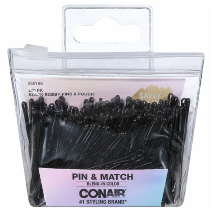 CONAIR Pin & Match Bobby Pins With Pouch - Black, 200 count