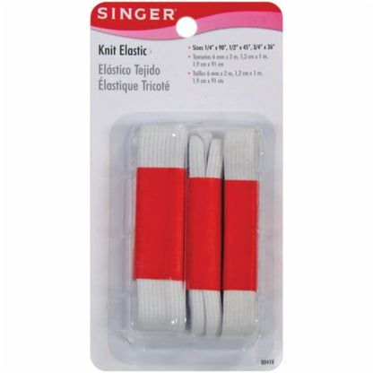 SINGER Knit Polyester Elastic, White, 3 Assorted Sizes - 1/4" x 90", 1/2" x 45", 3/4" x 36"