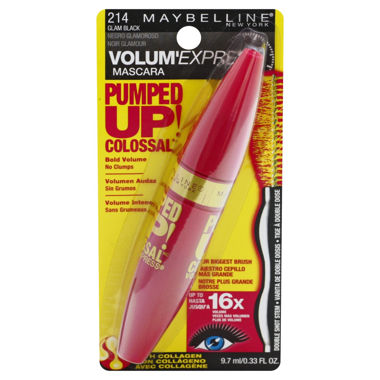 MAYBELLINE New York Pumped Up! Colossal Washable Mascara Makeup, 214 Glam Black, 0.33 oz
