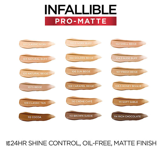 L'ORÉAL PARIS Infallible Pro-Matte Blendable Foundation, Oil Free, 108 Caramel Beige, 1 fl. oz.
