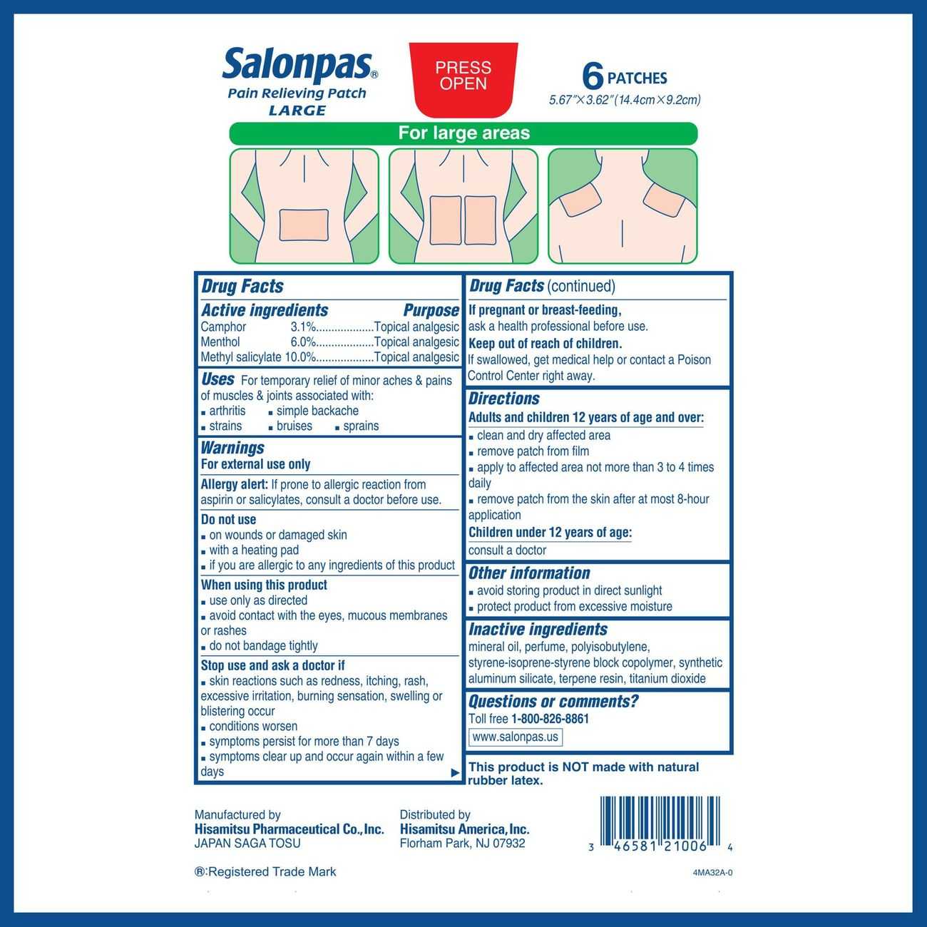 Salonpas Pain Relieving Patch Large 6 Count