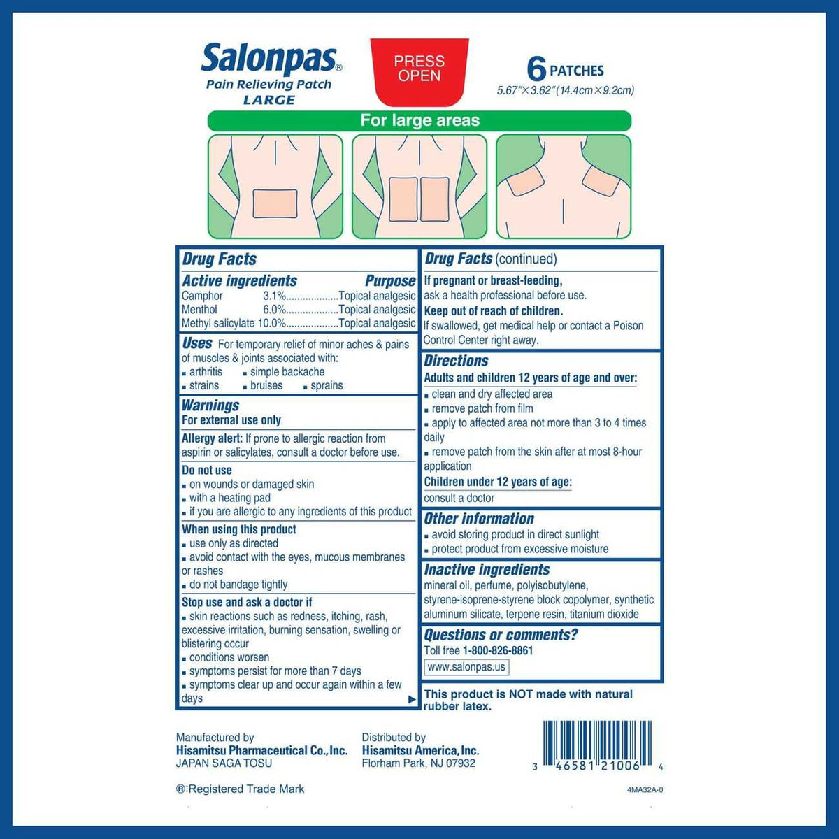 Salonpas Pain Relieving Patch Large 6 Count
