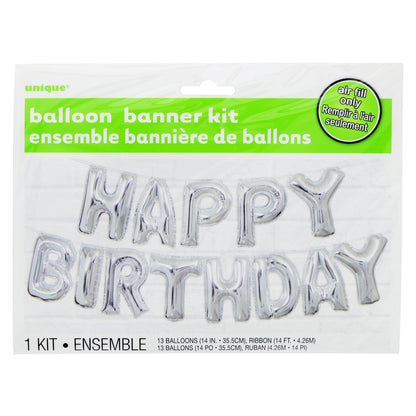 Unique 14" Foil Letter "Happy Birthday" Balloon Banner Kit - Stunning Silver