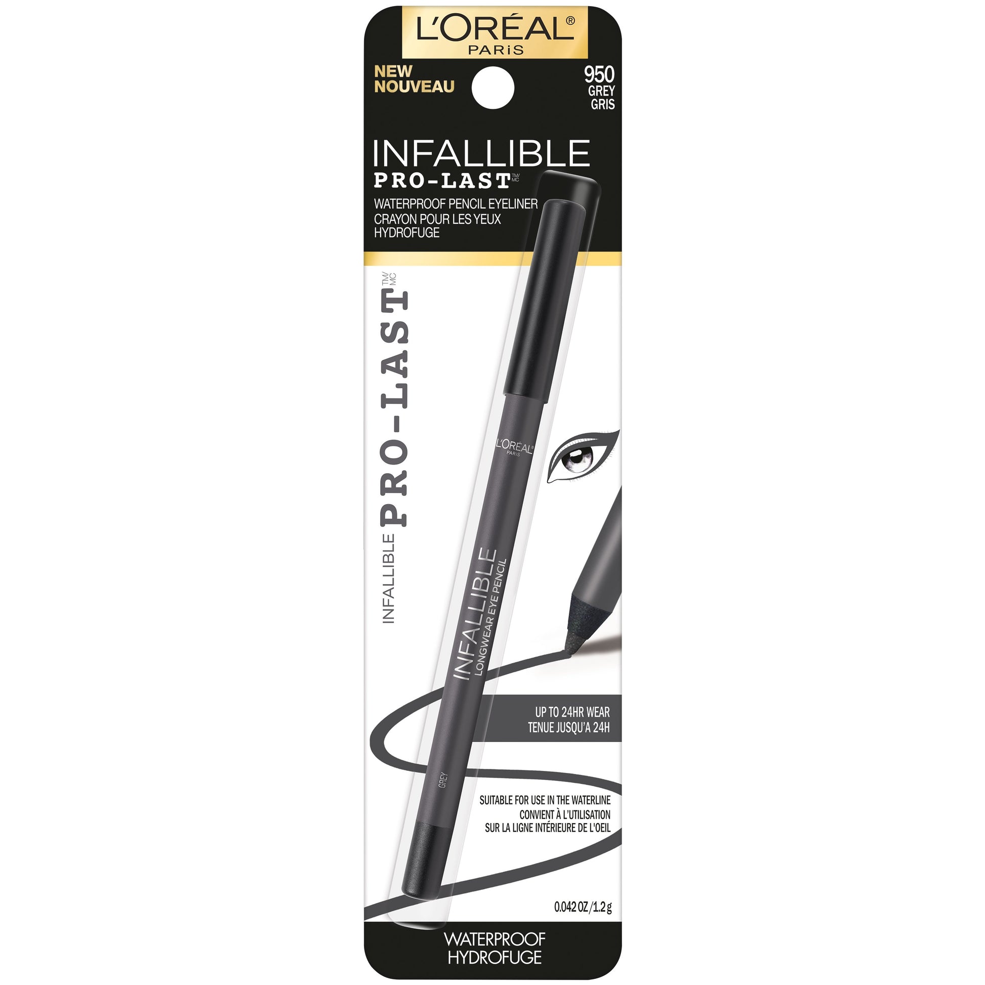 L'ORÉAL PARIS Infallible Pro-Last Waterproof, Up to 24HR Pencil Eyeliner, 950 Grey, 0.042 oz.