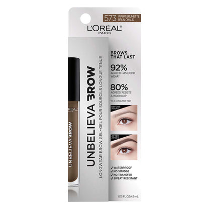 L'ORÉAL PARIS Unbelieva-Brow Longwear Waterproof Tinted Brow Gel, 580 Black, 0.15 fl. oz.