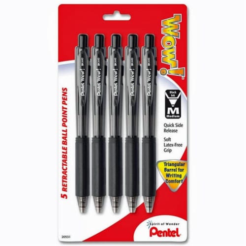 Wow! Retractable Ballpoint Pen, (1.0mm) Medium Line, NEW  Ink, Black Ink 5-Pk
