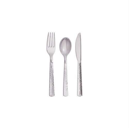 SENSATIONS Assorted Plastic Cutlery - Hammered Metallic Silver, 24 count