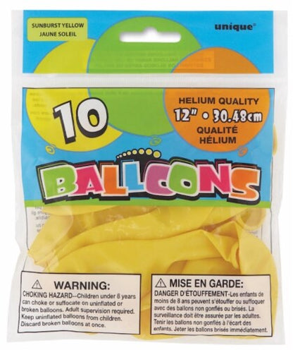 Unique 12" Latex Balloons, 10 count - Sunburst Yellow