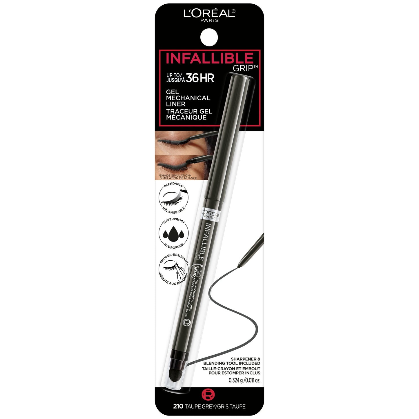 L'ORÉAL PARIS Infallible Grip Mechanical Gel Makeup Eyeliner, 210 Taupe Grey, 0.01 oz