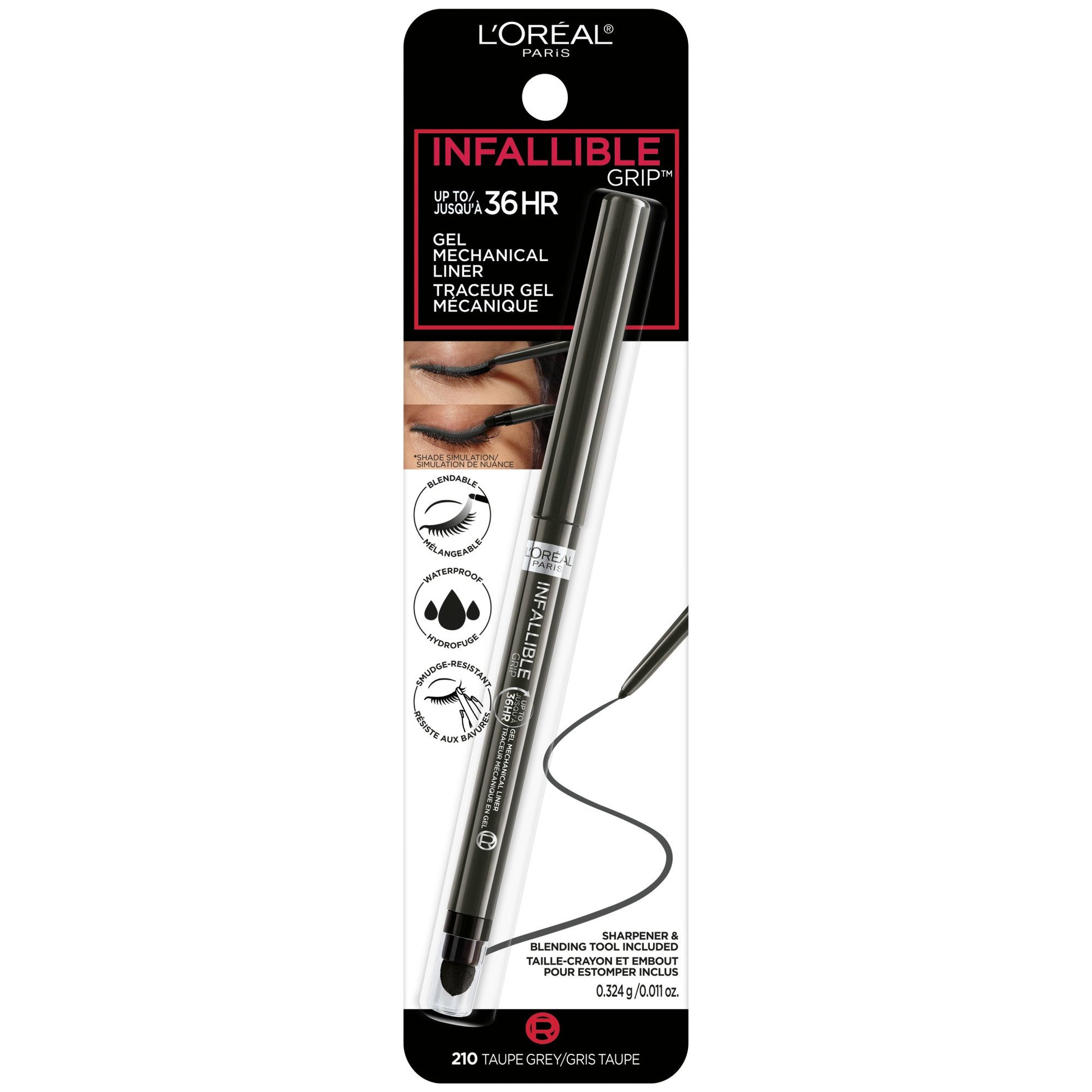 L'ORÉAL PARIS Infallible Grip Mechanical Gel Makeup Eyeliner, 210 Taupe Grey, 0.01 oz