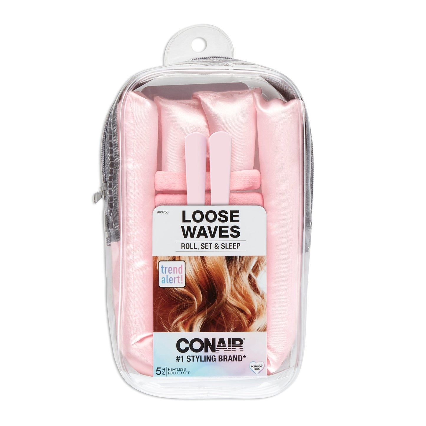 CONAIR Heatless Satin Loose Waves Roller & Accessories Set - Pink, 5 count