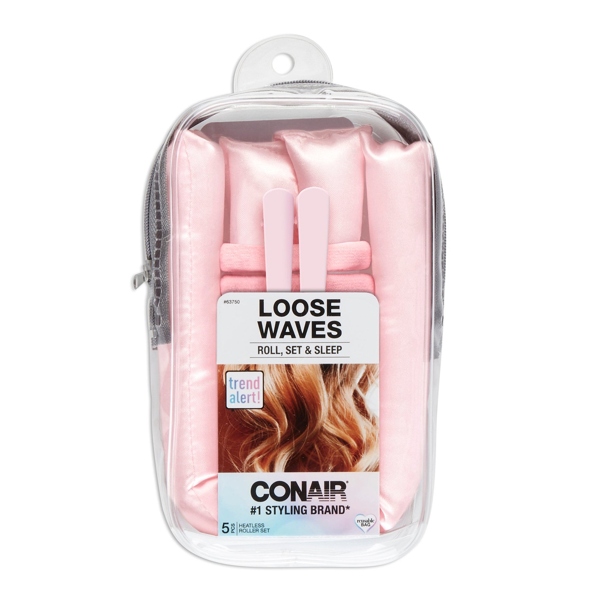 CONAIR Heatless Satin Loose Waves Roller & Accessories Set - Pink, 5 count