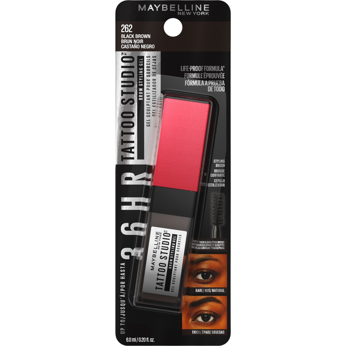 Maybelline Tattoo Studio Brow Styling Gel, Up to 36HR Wear, Black Brown, 0.2 fl oz