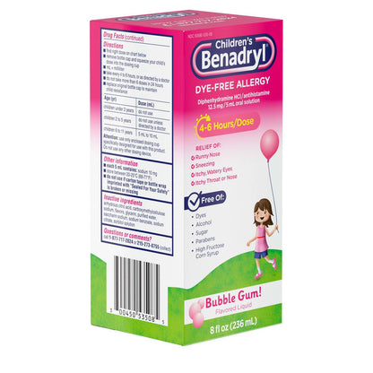 Benadryl Childrens Dye-Free Allergy 8oz Bubble Gum