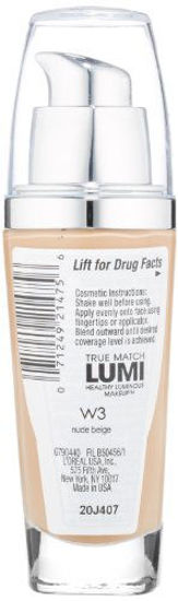 L'ORÉAL PARIS True Match Lumi Healthy Luminous Makeup Medium Coverage, W3 Nude Beige, 1 fl. oz.