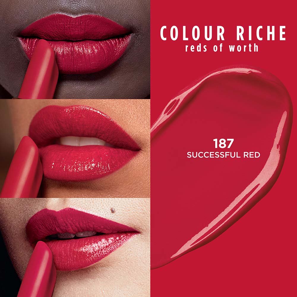 L'ORÉAL PARIS Colour Riche Reds of Worth Lipstick, Long Lasting Smudge Proof Lipstick, 187 Successful Red, 0.13 oz