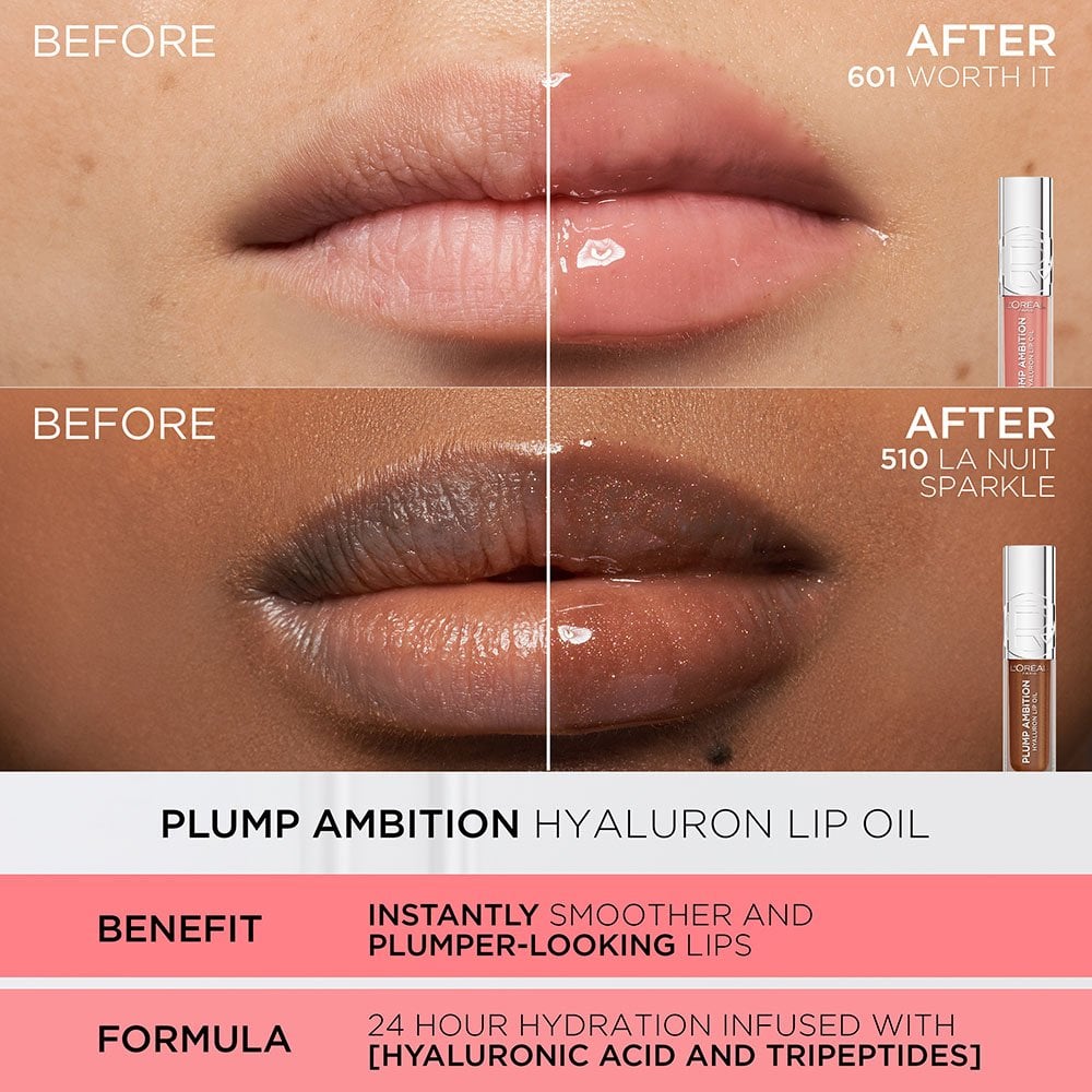 L'ORÉAL PARIS Plump Ambition Hyaluron pH Lip Oil Plumping Lip Gloss, ph Berry Noir, 0.16 fl oz