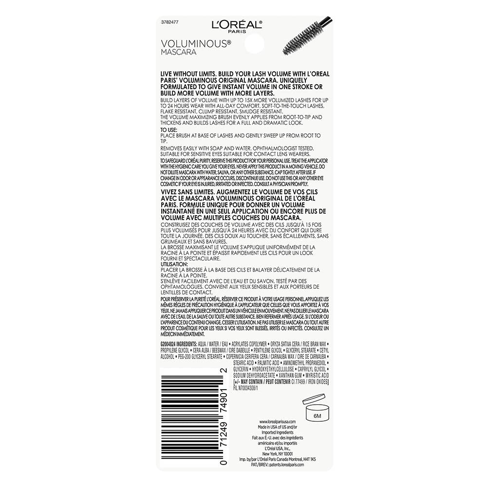 L'ORÉAL PARIS Voluminous Original Washable Bold Eye Mascara, 305 Black, 0.28 fl. oz.
