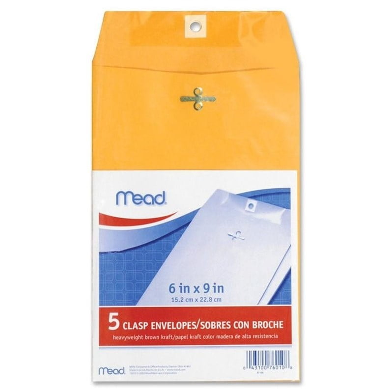 Mead Heavy Weight Clasp Envelopes, 6" x 9", Brown Kraft, 5 ct