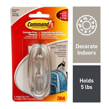 Command Large Sized Traditional Decorative Hook - Brushed Nickel