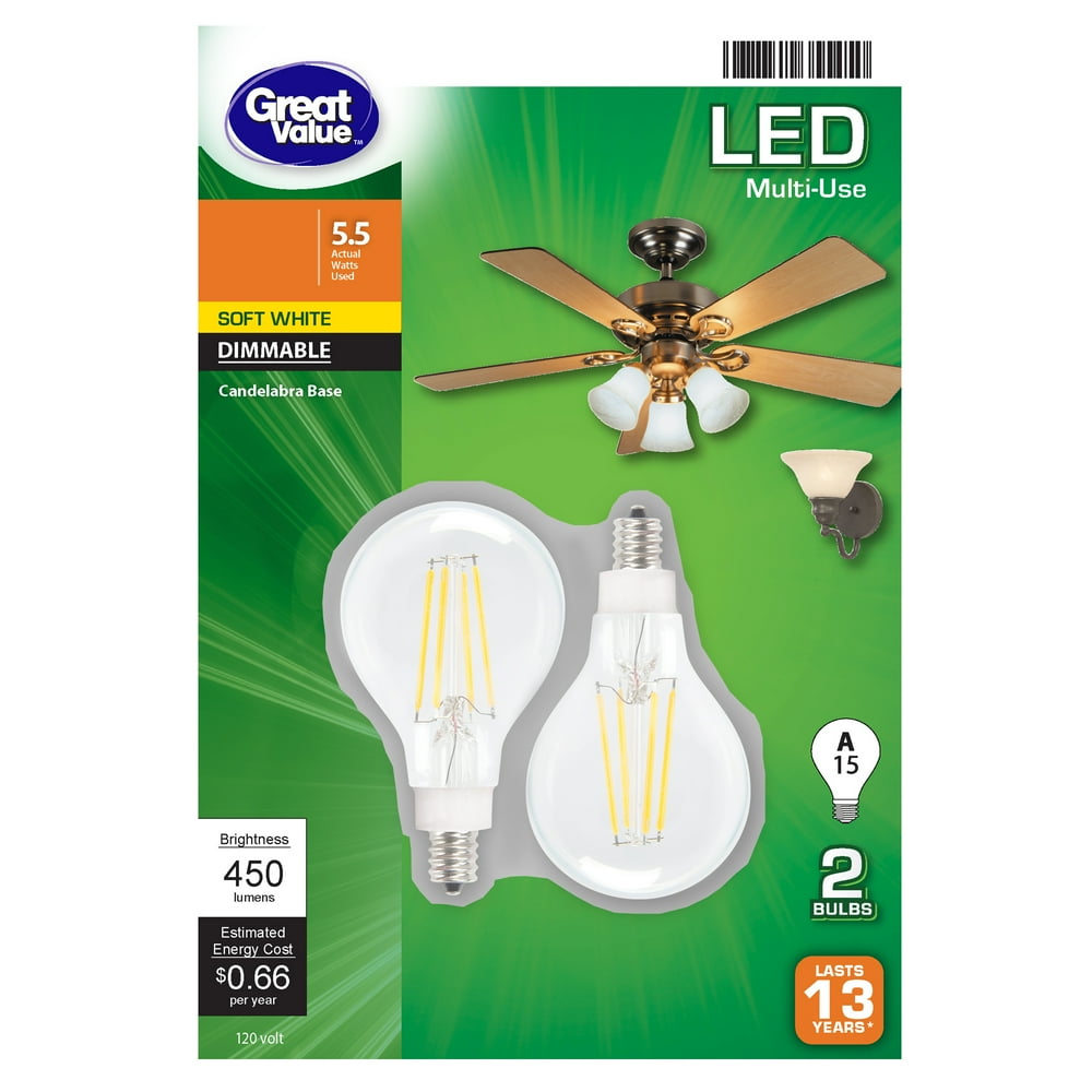 GE Lighting A15 Ceiling Fan Decorative Light Bulb, 40-Watt, Candelabra Base- Soft White, 2 pack
