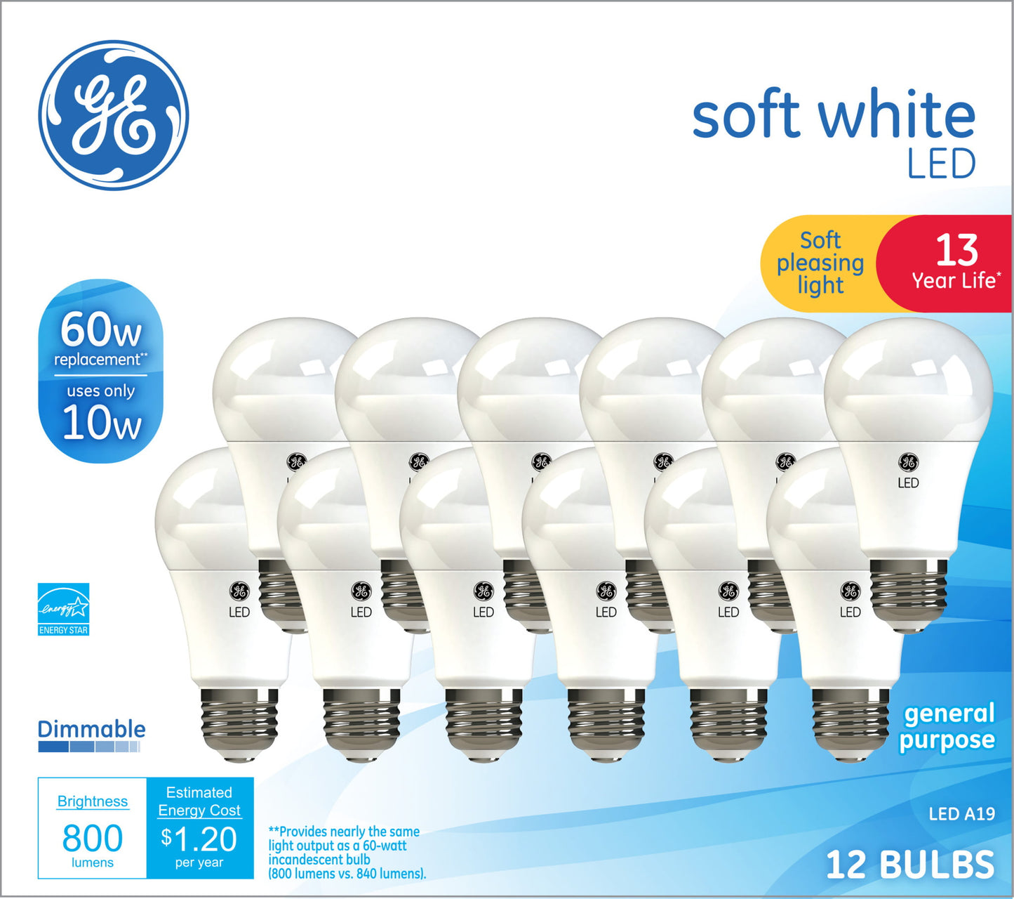 GE 10W A19 LED Soft White Dimmable General Purpose A19 Light Bulbs (4-Pack)