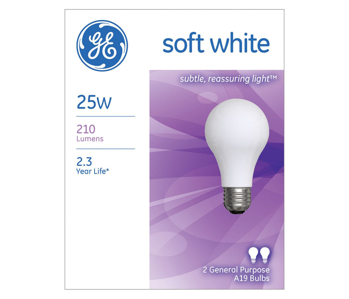 GE Lighting 25W A19 Soft White General Purpose Light Bulb, 2-Pack