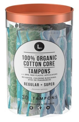 L. Tampons Organic Cotton Core 30 Count (20 Reg + 10 Super)